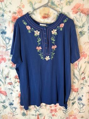 Vintage Embroidered Floral Detail Blue Women’s Top